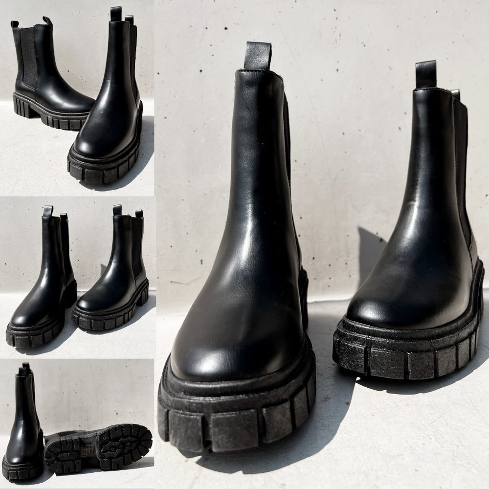 NEW Black Lug Sole Chunky Platform Elastic Ankle Block Heel Chelsea Boot Booties - Picture 10 of 12